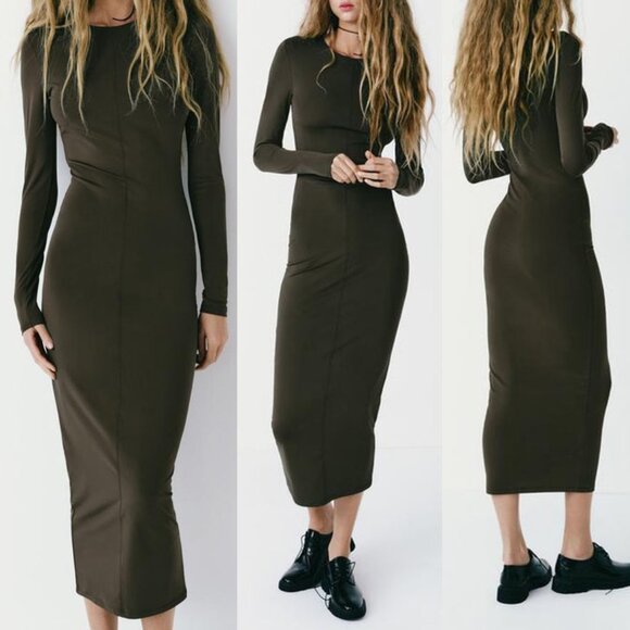 NEW Zara Olive Dark Green Fitted Polyamide Midi Dress S Sleek Stretchy Knit Slim - Picture 1 of 8